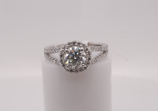 LADIES 18K WG ROUND ENG RING HALO SPLIT SHANK CENTER 1CTW SI1/H 1.75AP