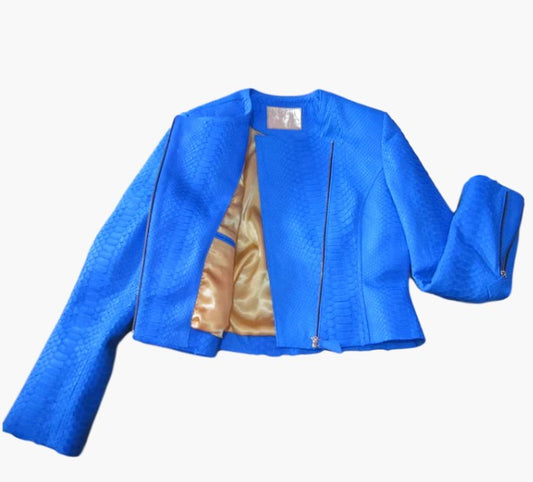 CROPPED MOTO JACKET - PYTHON BLUE