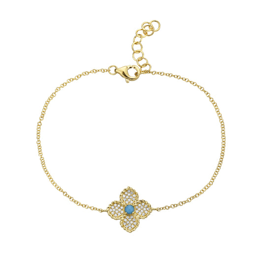 14KY TURQ & DIAMOND CLOVER BRACELET T.09CT D.12CTW