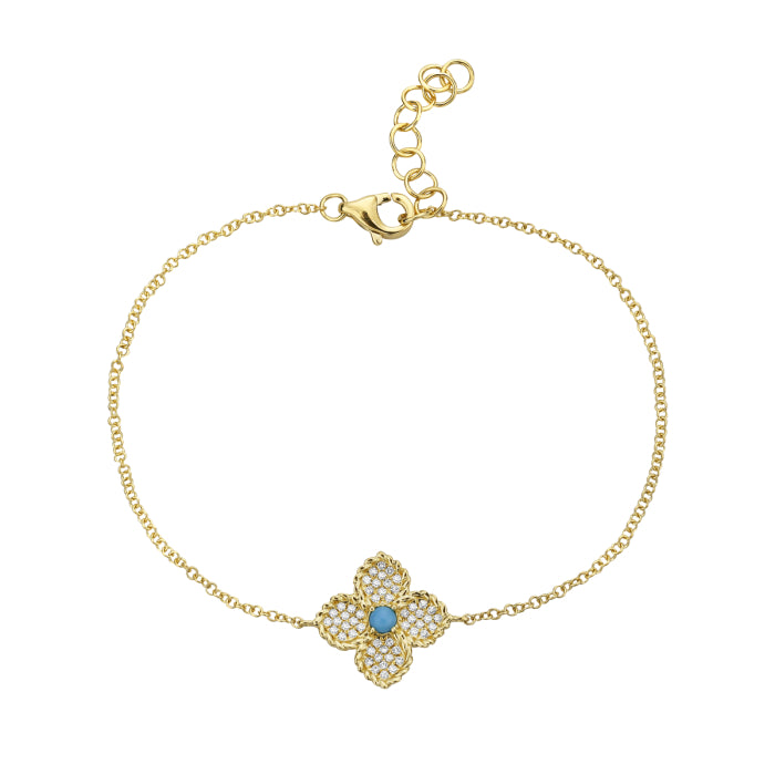 14KY TURQ & DIAMOND CLOVER BRACELET T.09CT D.12CTW