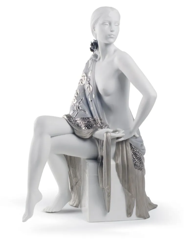 Lladro Nude with Shawl Woman Figurine. Silver Lustre