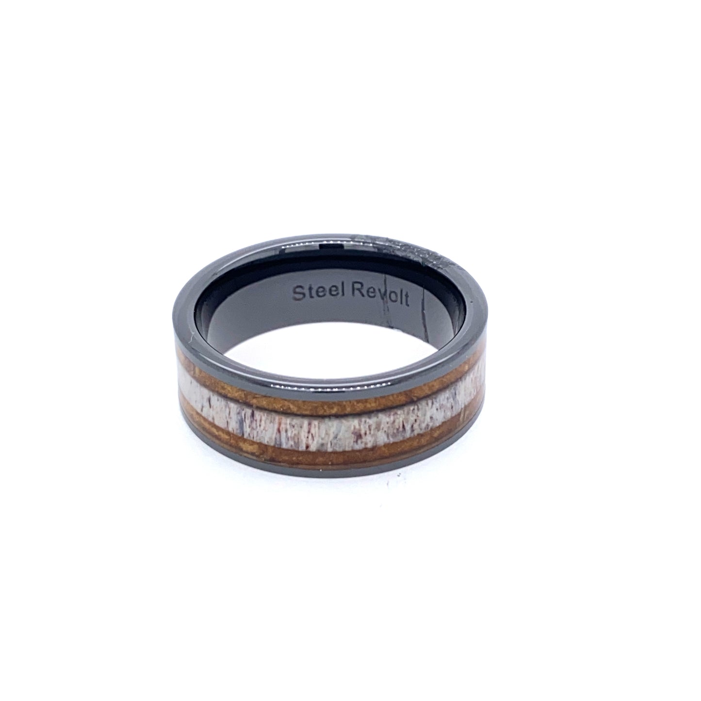 STEEL REVOLT CERAMIC 8MM INLAID CIGAR LEAF ANTLER CENTER SIZE 11