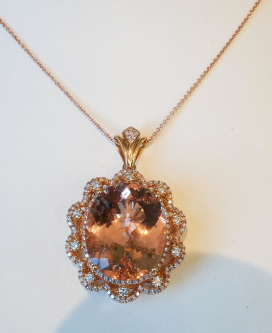 18K RG 46.87 CT MORGANITE 1.03 CT DIAMOND PENDANT