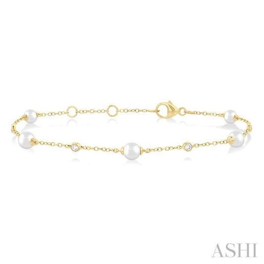 14KY PEARL & DIA .07CTW STATION BRACELET