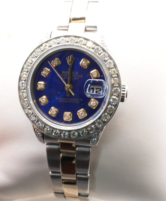 LADIES PRE-OWNED ROLEX BLUE DIAMOND DIAL DIAMOND BEZEL OYSTER BRACELET
