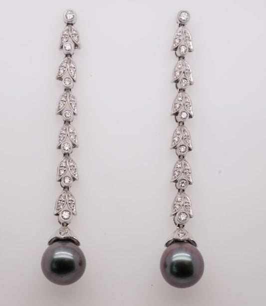 18K WG DIAMOND TAHITIAN PEARL DROP EARRINGS
