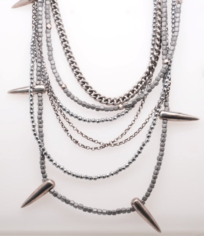 LADIES MULTI LAYERNECK W VARIOUS HEMATITE BEADS SILVER CHAINS & SPIKES