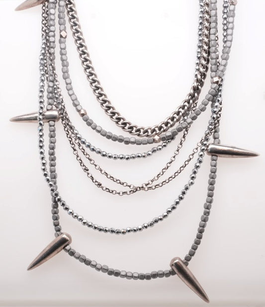 LADIES MULTI LAYERNECK W VARIOUS HEMATITE BEADS SILVER CHAINS & SPIKES
