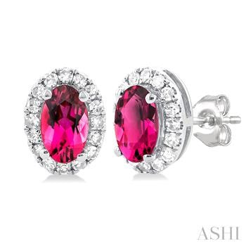 10K WG OVAL HALO PINK TOURMALINE EARRINGS 0.13CTW