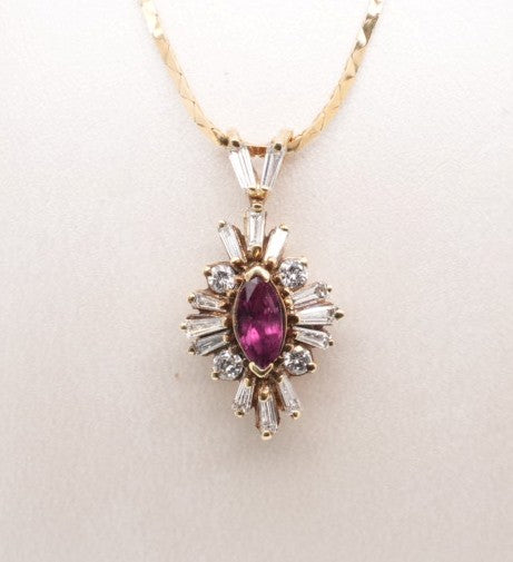LADIES 14K YG MARQUISE RUBY & DIAMOND NECKLACE