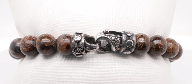 BROWN JASPER 8MM BEADS WITH ENGRAVED CLASP