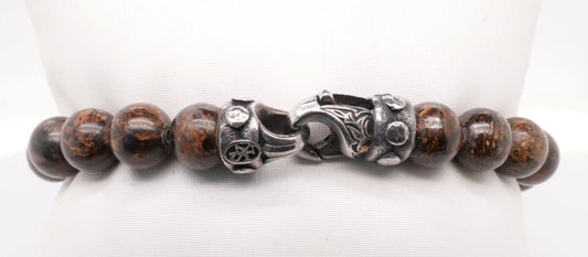 BROWN JASPER 8MM BEADS WITH ENGRAVED CLASP