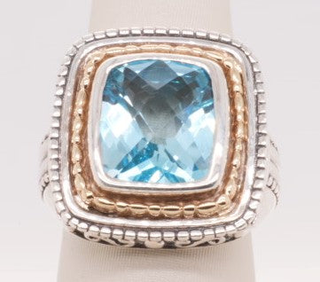 ESTATE SILVER AND 14KYG BLUE TOPAZ RING