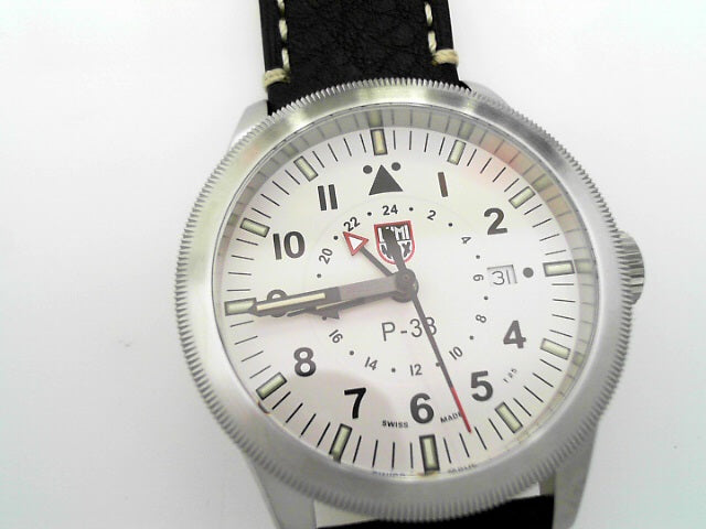 P-38 LIGHTNING GMT9520 SERIES OFF WHITE DIAL BLACK LEATHER BAND
