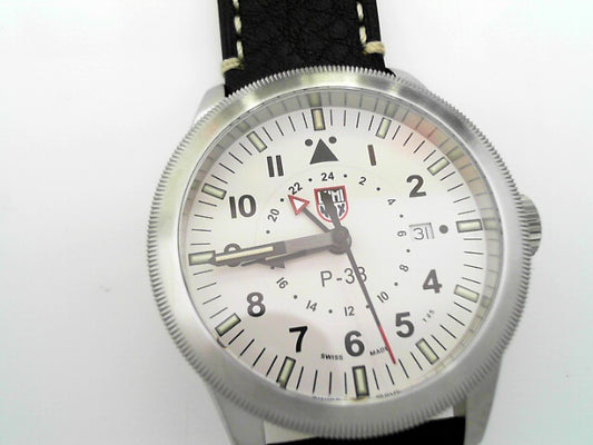 P-38 LIGHTNING GMT9520 SERIES OFF WHITE DIAL BLACK LEATHER BAND