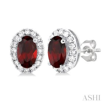 10K WG OVAL HALO GARNET EARRINGS 0.13CTW