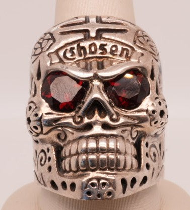 LARGE SKULL RING WITH CHOSEN CROSS AND GARNET EYES STERLING SILVER