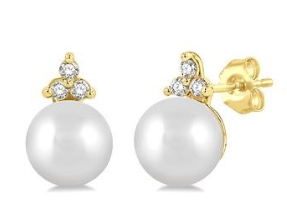 10K YELLOW GOLD PEARL STUDS DIAMONDS 0.05CTW