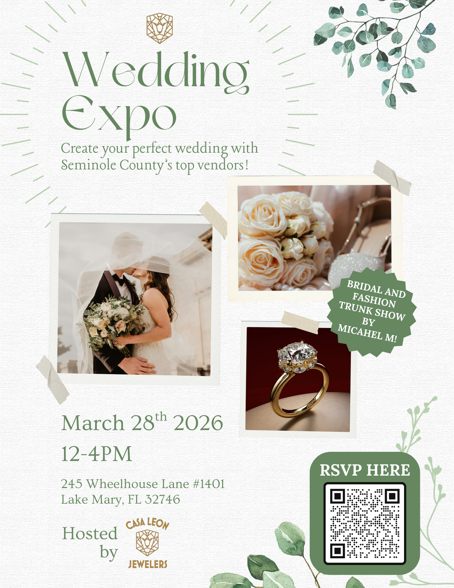 Wedding Expo flyer with photos of a bride, bouquet, and ring, featuring a QR code for RSVP.