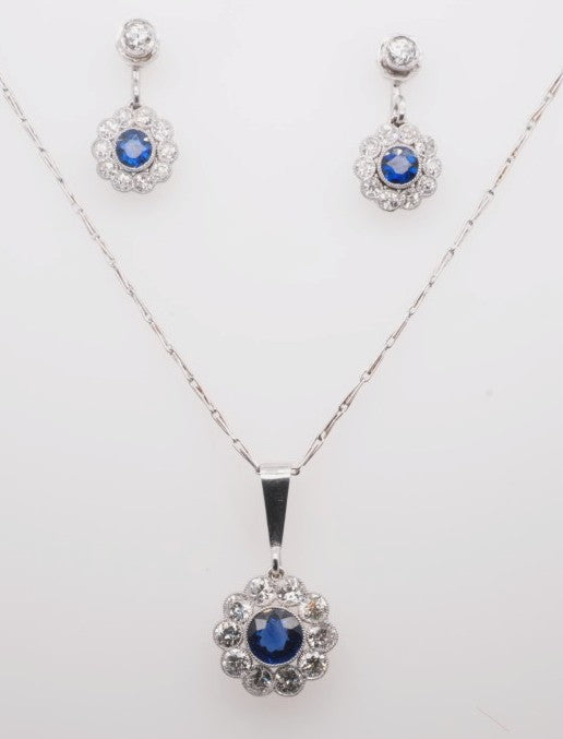 LADIES PLAT SAPH & DIAM EARRING & NECKLACE SET