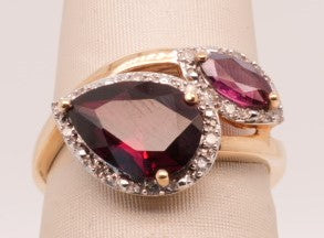 LDS 14KY GARNET & DIAMOND PEAR & MARQUISE RING