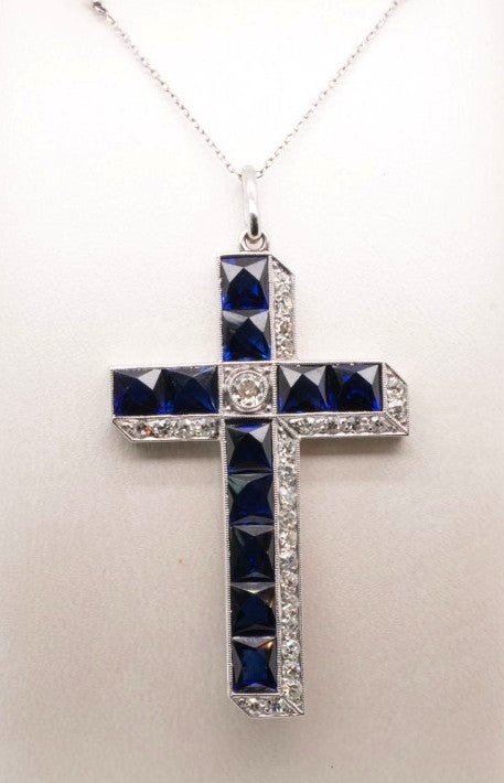 LADIES 10K WG & LAB SAPPHIRE 6.60CT & DIAMOND 0.59CT CROSS NECKLACE