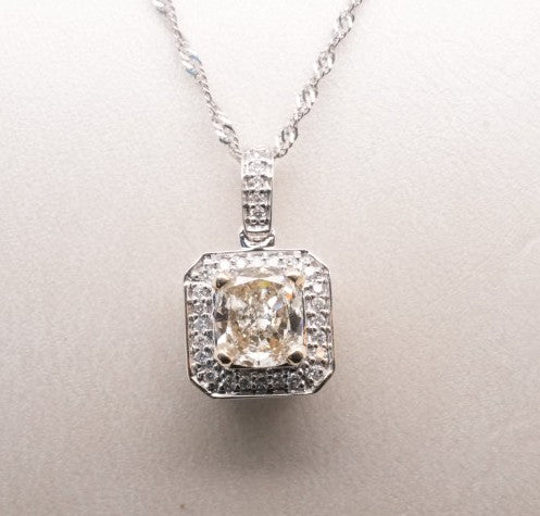 18K WG SQUARE DIAMOND PENDANT WITH CUSHION CENTER APX 1.00CTW