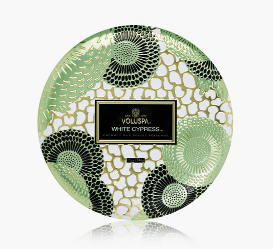 VOLUSPA WHITE CYPRESS 3 WICK TIN CANDLE