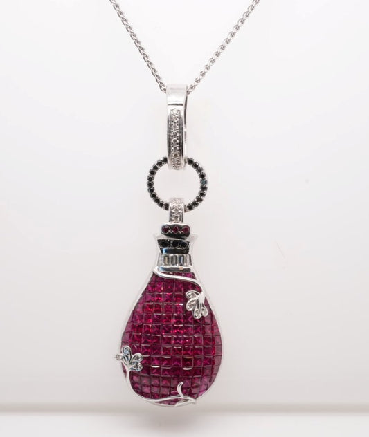 18KW .41CTW DIA 8.93CTW PRINCESS CUT RUBY RED WINE FLASK PENDANT