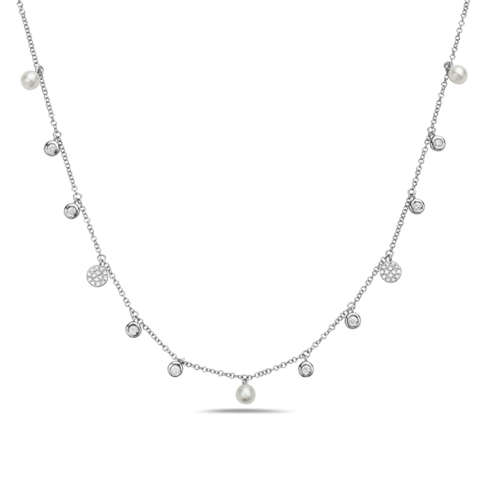 14KW PEARL & DIA STATION NECKLACE .19CTW
