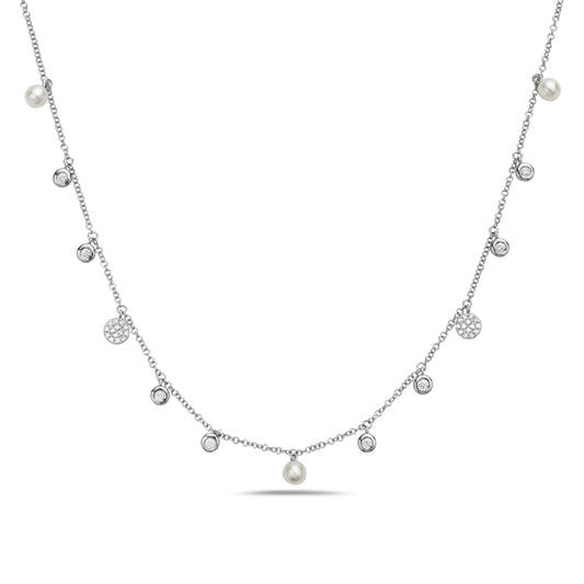 14KW PEARL & DIA STATION NECKLACE .19CTW