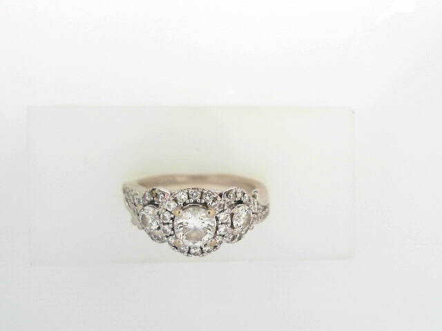 LADIES 14K WG 3-STONE RING WITH HALOS
