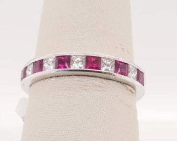 14KW .50 CT DIA, APROX .60 RUBY PRINCESS CUT WEDDING BAND