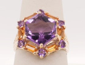 LADIES 10K FANTASY CUT AMYTHEST AND CITRINE RING