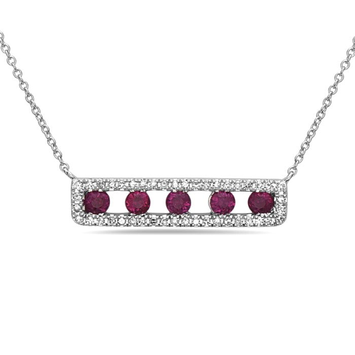 LADIES 14KWG BAR NECKLACE RUBY=0.39CTW D=0.13CTW