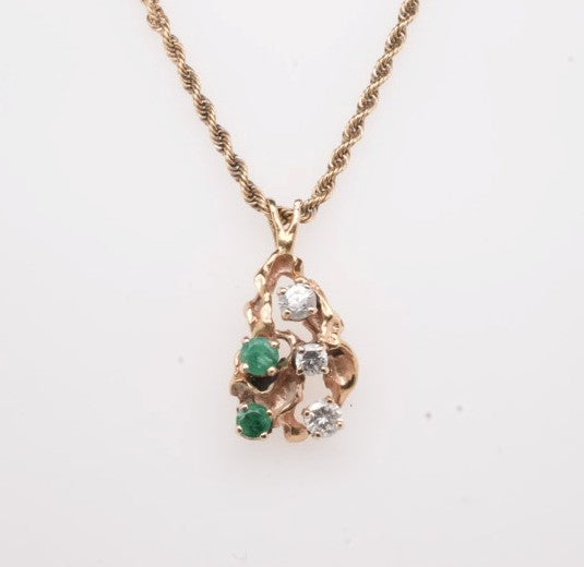 ESTATE 14K YG EMERALD AND DIAMOND PENDANT