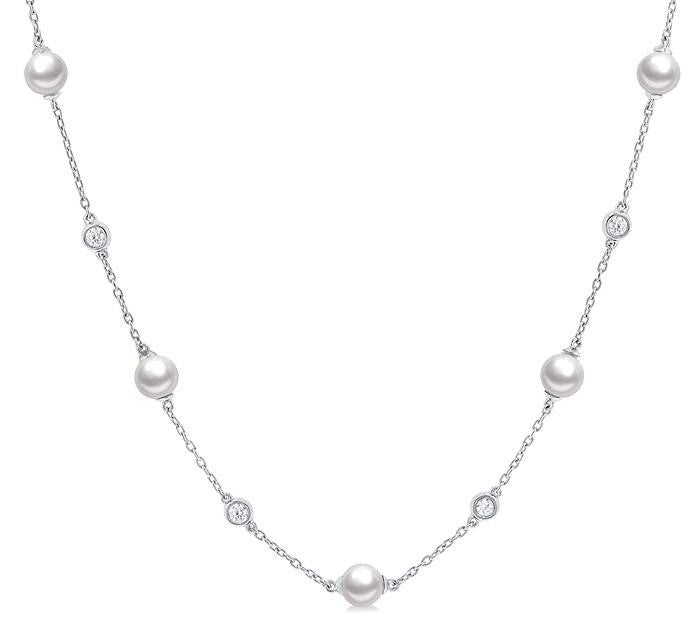 14KW PEARL & DIA 1/4CTW STATION NECKLACE