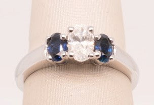 LADIES 14K WG 3 STONE OVAL RING DIAMOND CTR SI1/G 0.50CTW SAPPHIRES 0.