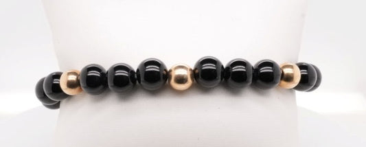 BLACK ONYX AND 14K YG BEAD BRACELET 9.5"