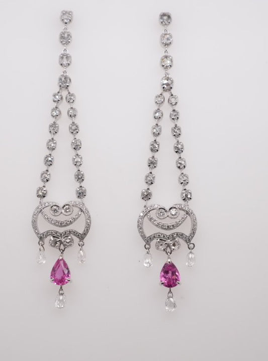 LADIES 18K WG ROSE CUT DIAMOND EARRINGS WITH PINK SAPPHIRES