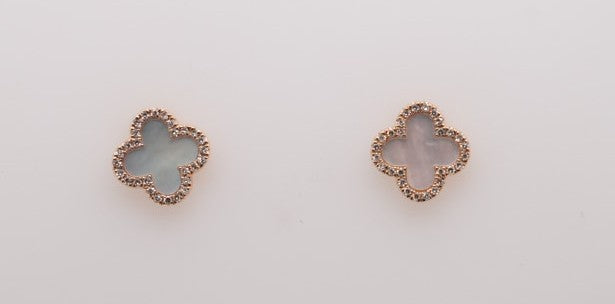 14K YG FASHION CLOVER MOP EARRINGS DIAMONDS 0.13CTW