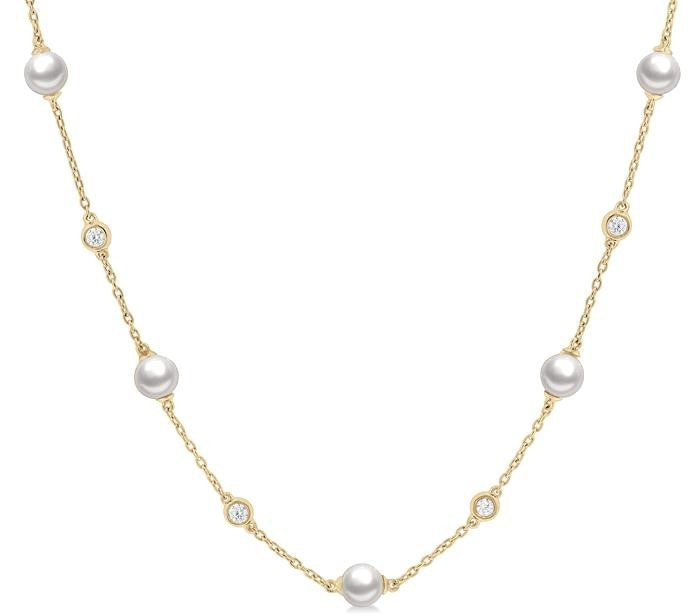 14KY PEARL & DIA 1/4CTW STATION NECKLACE