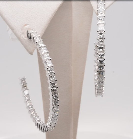 LADIES 14K WG PRINCESS DIAMOND HOOPS 3.66CTW