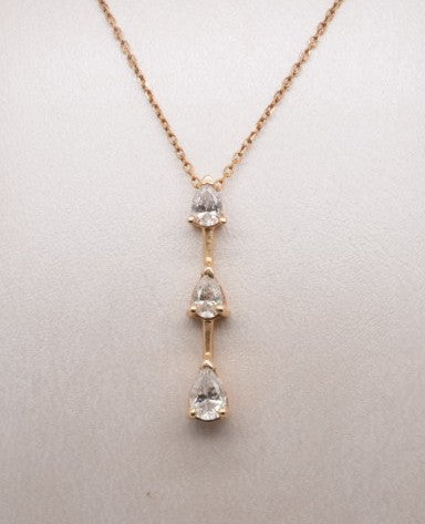 LADIES 14K YG 3-STONE PEAR DIAMOND BAR PENDANT ON 18" CABLE CHAIN