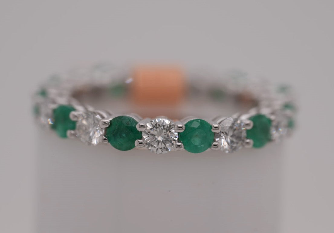 LADIES PLAT ETERNITY BAND SIZE 6.5 EMERALD 1.16CTW DIAM 1.19CTW