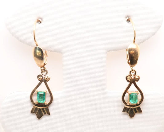 LADIES 14KY DROP EARRINGS WITH EMERALD CUT EMERALD