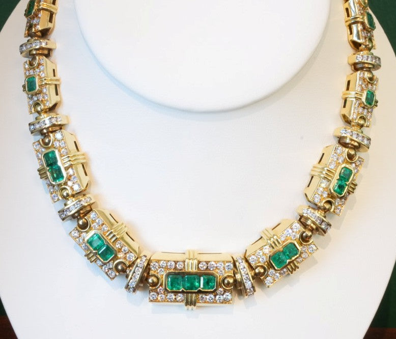 LADIES 18 K YG EMERALD &DIAMOND NECKLACE 11CTW DIAMONDS 14CTW EMERALDS