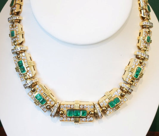 LADIES 18 K YG EMERALD &DIAMOND NECKLACE 11CTW DIAMONDS 14CTW EMERALDS