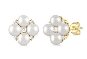 10K YELLOW GOLD PEARL CLUSTER STUDS DIAMONDS 0.10CTW