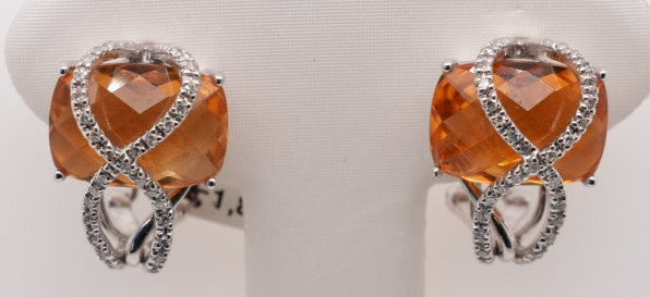 14KW .30 CTW DIAMOND CUSHION CUT CITRINE EARRINGS